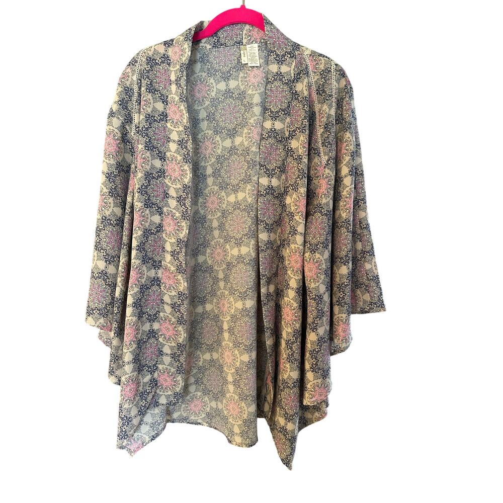 Japna Kimono Beach Cover Up Duster Women’s Large Blue/Pink Floral Boho Festival